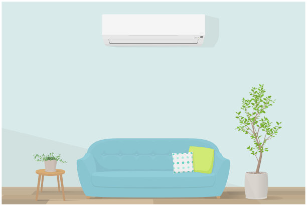 矢量插图的房间与无管道的迷你分裂空调。客厅有沙发和植物。图片下载