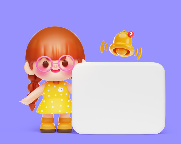可爱的女孩孩子与空白的横幅和铃声通知图标卡通3d人物图片下载