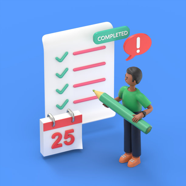 蓝色背景的等距3D插图，英俊的非洲人大卫的3D插图，用铅笔靠近一张填满的纸和日历，一个感叹号和一个按钮，完成了这个词图片下载