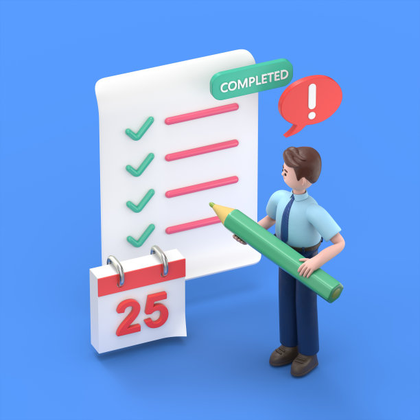 蓝色背景的等距3D插图，亚洲人菲利克斯的3D插图，用铅笔靠近一张填满的纸和日历，一个感叹号和一个标有完成字样的按钮图片下载