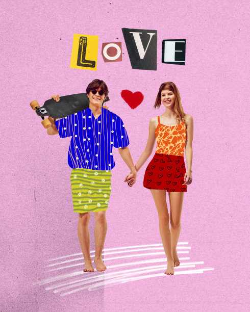 浪漫的约会。年轻的男人和女人，夫妇牵着手，走在粉红色的背景。当代艺术拼贴。情人节图片下载