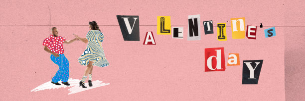 幸福的年轻夫妇，男人和女人在粉红色的背景上欢快地跳舞。浪漫的事件。当代艺术拼贴。情人节图片下载