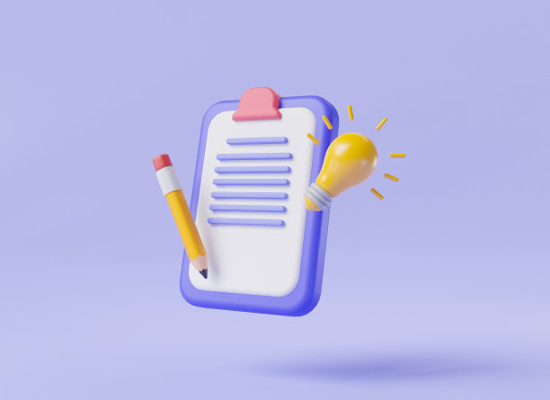 剪贴板与黄色灯泡铅笔在紫色的背景。创意商业创意研究，创意清单，创意灵感，创意和创新。经营理念。三维渲染图片下载