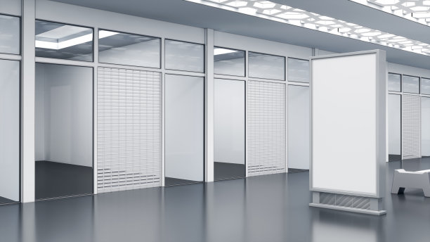 空白的白色发光招牌模型在商场大厅，商店的正面与店面图片下载