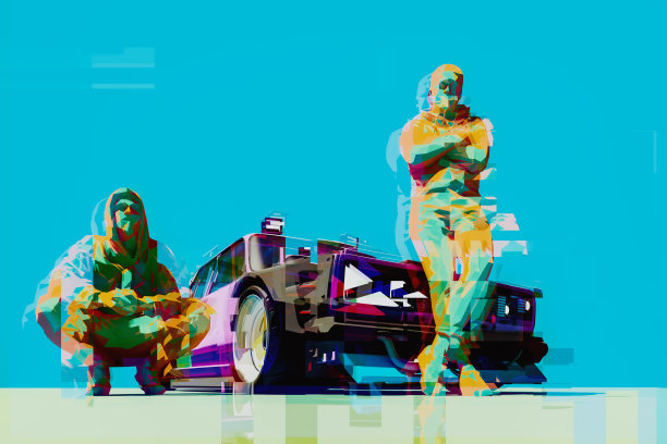 穿着运动服蹲着的斯拉夫人开着一辆改装过的老式东欧汽车图片下载