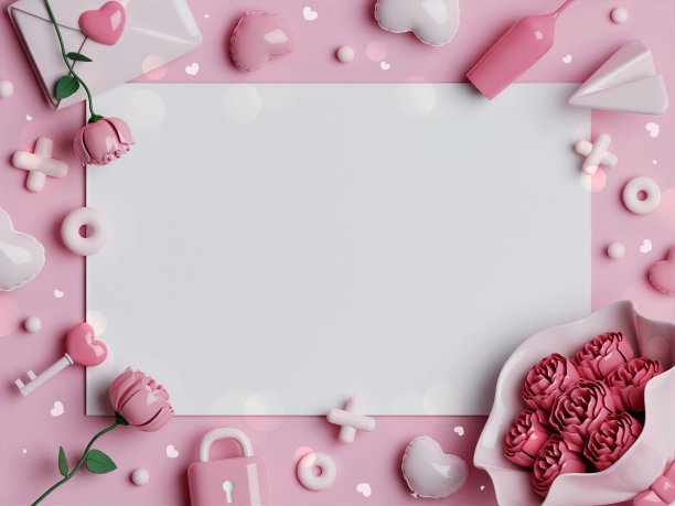 情人节快乐卡片上有粉色玫瑰，粉色气球心和粉色字母，寄语处，俯视图。三维演示图片下载