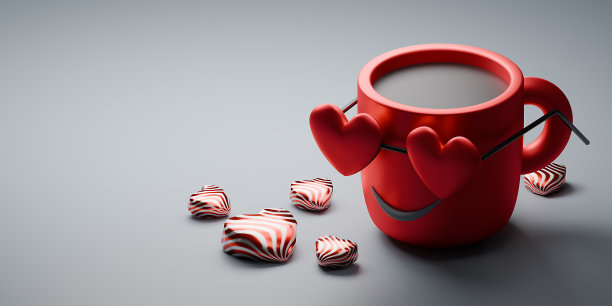 白色背景上的咖啡杯和糖果。3 d渲染。文本空间。图片下载