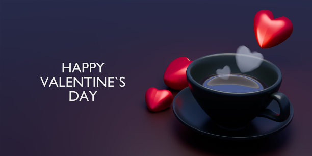 情人节快乐横幅贺卡咖啡杯形状3D渲染。图片下载