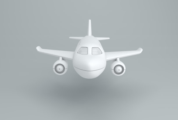 灰色工作室背景上的白色玩具飞机。前视图。最小的概念。单色。图片下载