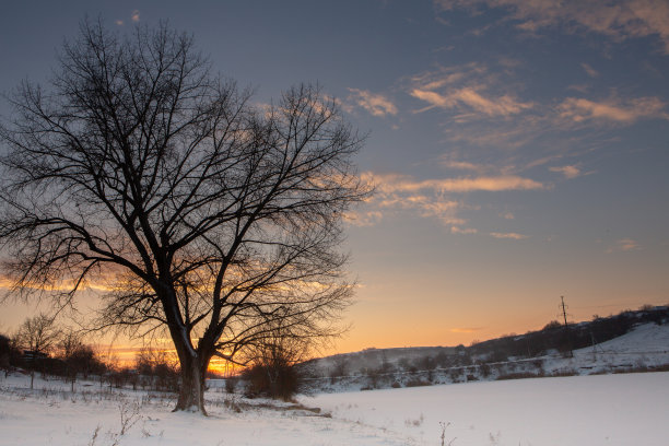 俄罗斯寒冷的冬天。西伯利亚美丽的日出。寒冷的冬天照片。图片下载