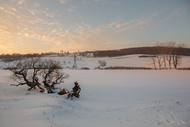 俄罗斯寒冷的冬天。西伯利亚美丽的日出。寒冷的冬天照片。图片下载