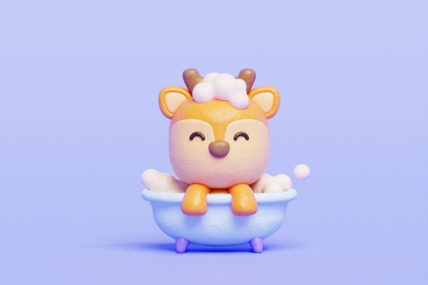 3D可爱的鹿沐浴淋浴浴缸，卡通动物角色，3D渲染。图片下载