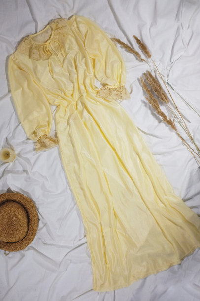 妇女的复古睡衣为家庭和睡眠。唯美复古的平面照片在白色的背景与野生植物。褶皱布料上的金色女孩睡衣。图片下载
