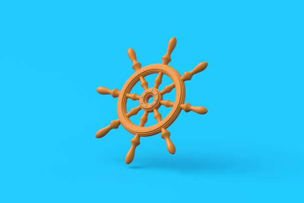 落下的船轮，蓝色背景。木船操舵。海洋导航。古老的对象。冒险和旅行。三维渲染图片下载