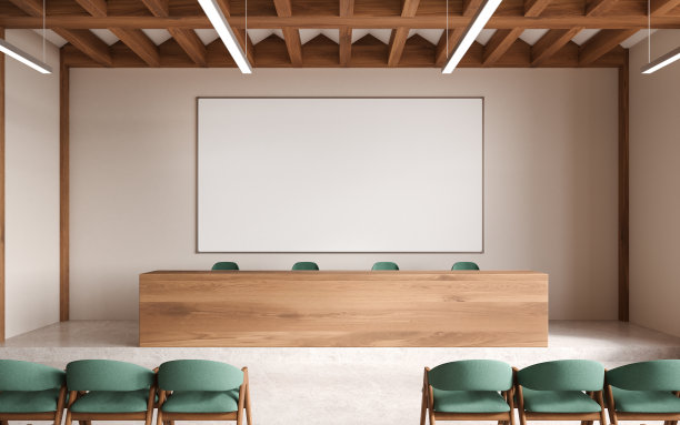 时尚的礼堂内部有椅子和木桌，模拟横幅图片下载