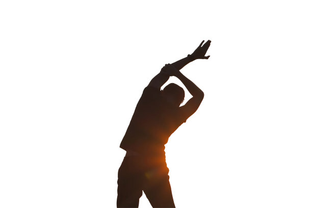 年轻人伸展身体准备有氧运动热身与影子运动孤立在白色背景。图片下载