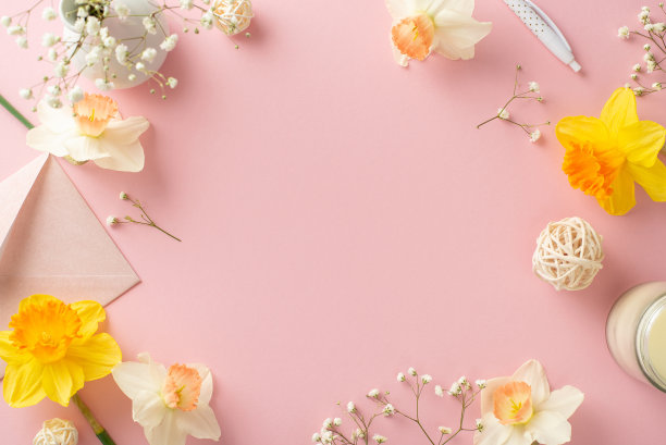 写一封春天的情书来表达你的感受。高角度照片捕捉精致的水仙和gypsophila树枝和信封在玫瑰背景，专为文字或广告图片下载