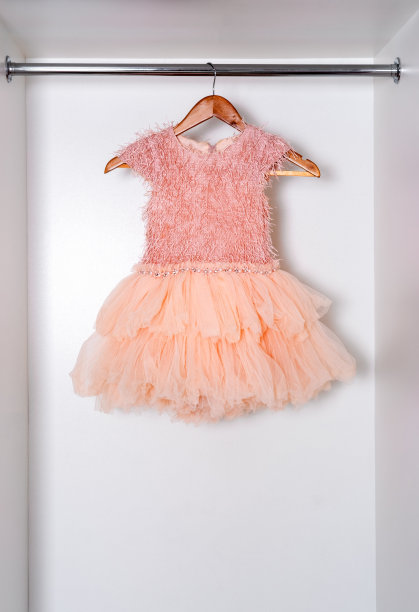 优雅的桃色连衣裙挂在白色衣柜的木架上。图片下载