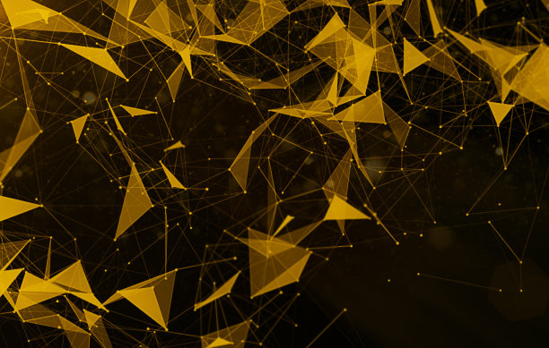 3D网络连接与plexus设计黑色和金色背景壁纸。低聚形状的设计。图片下载
