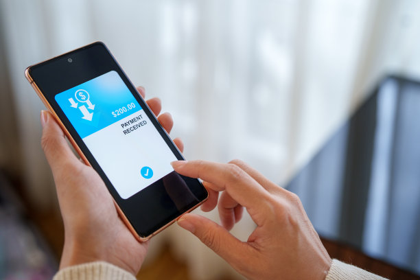 一名女子手持智能手机，屏幕上显示“已收到付款”的信息，这幅剪短的图片说明了通过移动设备进行金融交易的概念。图片下载