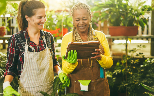 在温室花园市场内使用数码平板电脑工作的多种族女性-春天和园艺店概念-主要关注高加索女性的脸图片下载