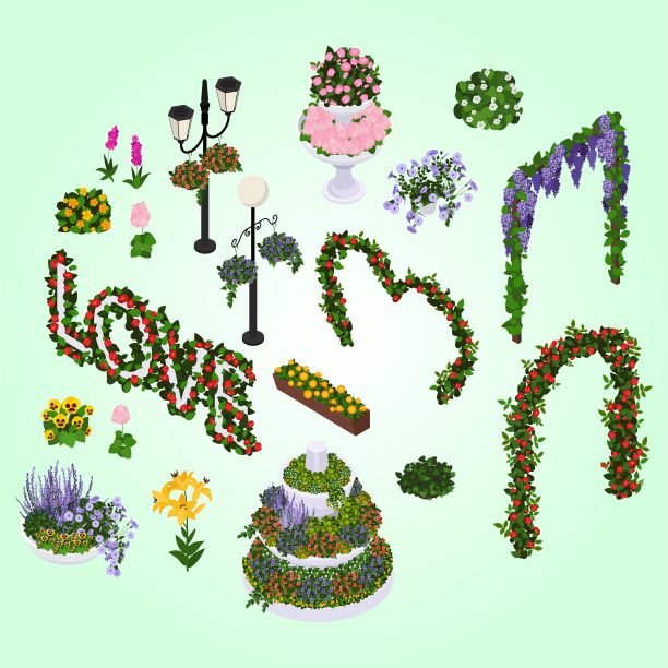 花店城市事件花装饰等距集孤立的图标与花园床拱门灯柱图片下载