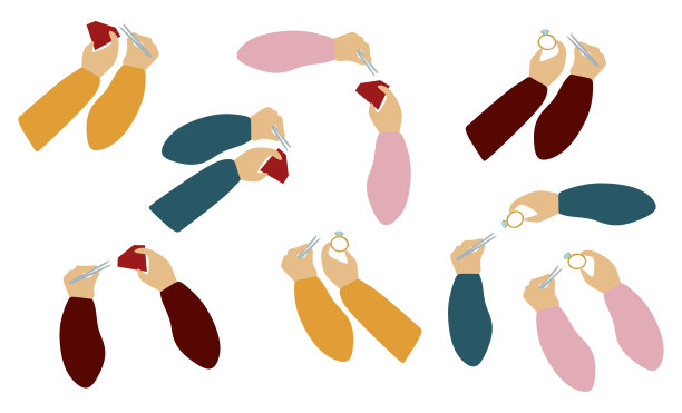 一套扁平的手与宝石和戒指。矢量手势在不同的位置。卡通珠宝手展示，持有和代表珠宝。图形艺术的卡片设计，海报，横幅，艺术。图片下载