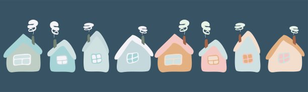 儿童涂鸦：深色背景上歪斜的房子，手绘矢量扁平卡通风格设计素材，适用于儿童书籍、卡片、海报、banner和logo图片下载