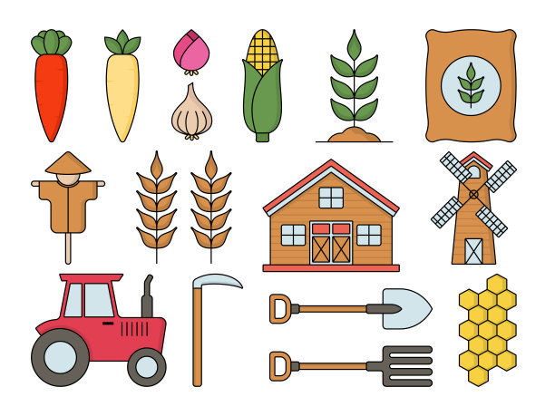 一套农场和花园图标为农业农业元素插图。图片下载