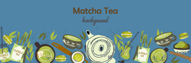 网页横幅模板与抹茶食品和饮料边界。背景采用绿色有机日本粉末，天然树叶，茶，咖啡，冰淇淋，马卡龙。平面矢量手绘插图。图片下载