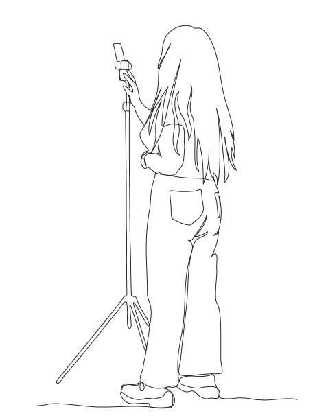 女士调整手机设置开始录音。手机安装在三脚架上。连续线条绘制。黑白矢量插图在线艺术风格。图片下载