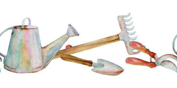 手绘水彩插画春天园艺工具，耙铲修剪剪洒水可以剪。无缝横幅隔离在白色背景。设计印刷，商店，剪贴簿，包装图片下载