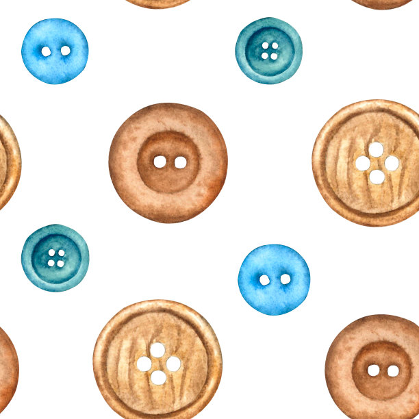 无缝图案与复古木钮扣在棕色，蓝色和绿松石。手绘水彩插画，适用于织物、背景设计、包装纸、包装、墙纸等设计图片下载