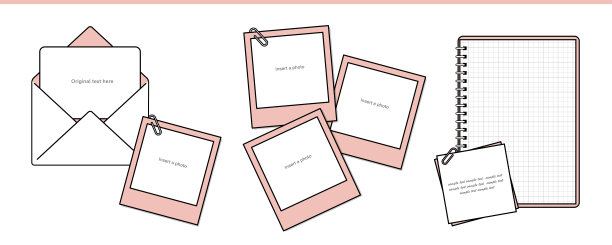 插图的信件，宝丽来，笔记本和备忘录，用于照片和信息。图片下载