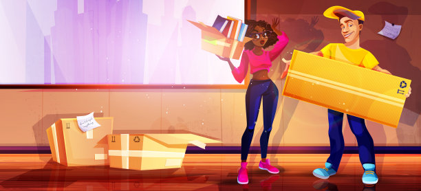 动画风格的快速移动概念。一个年轻人和一个非裔美国女孩拿着纸板箱和个人物品准备搬进一个古老的、有照明的空间。时尚的矢量插图。图片下载