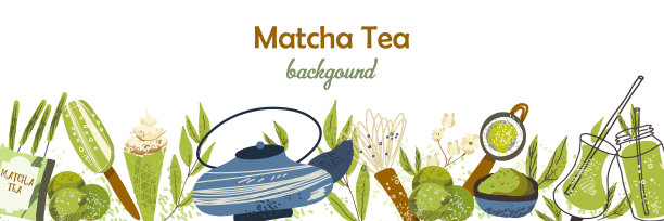 网页横幅模板与抹茶食品和饮料边界。背景采用绿色有机日本粉末、天然树叶、茶、咖啡、冰淇淋和搅打器。平面矢量手绘插图。图片下载