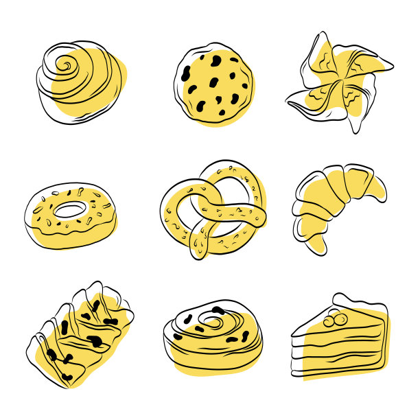 手绘轮廓糕点面包店设置抽象彩色插图。图片下载