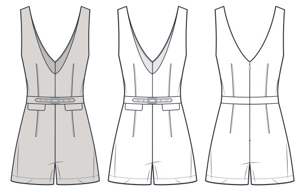 短连体裤技术时尚插画。低领连体衣时尚平面技术图纸模板，扣，后拉链，轻松合身，前后视图，白色，灰色，女装CAD模型集。图片下载