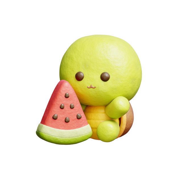 3D萌龟配西瓜，卡通动物角色，3D渲染。图片下载