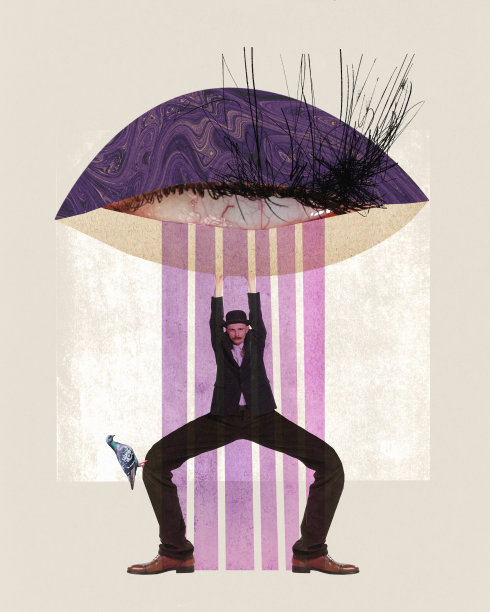 海报。当代艺术拼贴。一个长腿的年轻人坐着，用迷人的妆容举起双手闭上眼睛。风格的概念。图片下载