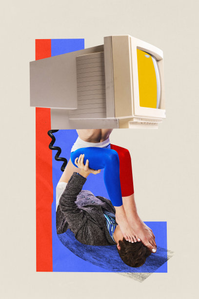 海报。当代艺术拼贴。用复古电脑代替头的女孩坐在男人的怀里，穿着明亮的紧身衣。文化进化的概念。图片下载