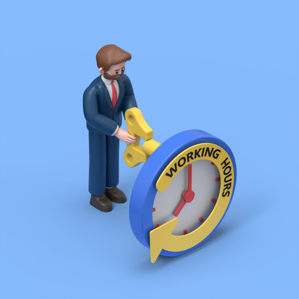 蓄着胡子的美国商人鲍勃用钥匙给钟上发条的3D插图。蓝色背景的3D渲染。图片下载