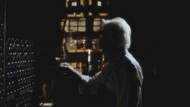 老酿酒师在黑暗的酒窖里评估玻璃杯中的葡萄酒质量图片下载