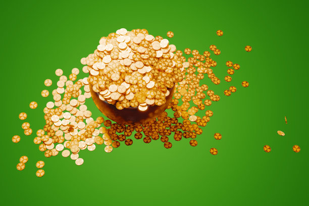 圣帕特里克节的象征。满罐散落的金币。俯视图3D渲染图片下载