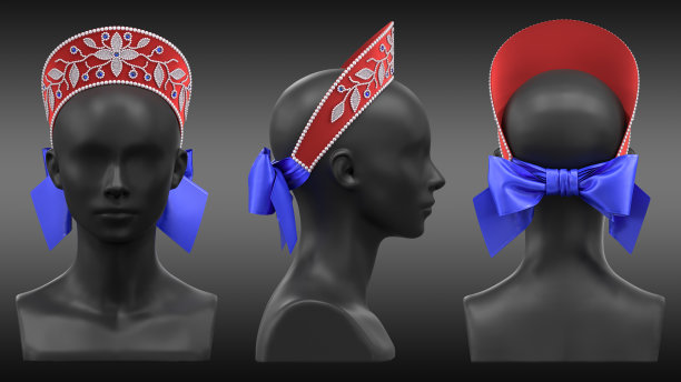 俄罗斯民族头饰kokoshnik。人体模型在黑色背景在三个角度。3 d渲染。图片下载