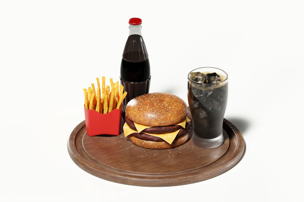 3D渲染快餐汉堡，芝士汉堡与可乐饮料和炸薯条在白色背景。图片下载