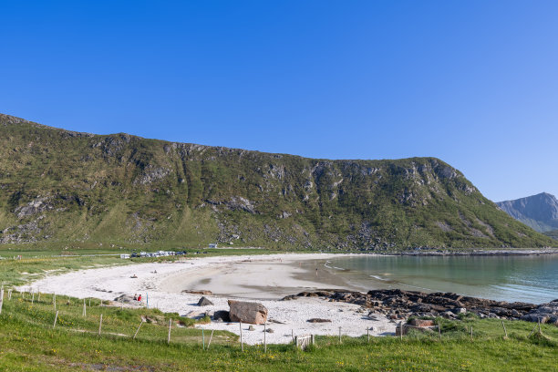 这是一张位于挪威罗弗敦群岛的豪克兰海滩的照片，在晴朗的蓝天下，白色的沙滩和周围崎岖的悬崖一览无余图片下载