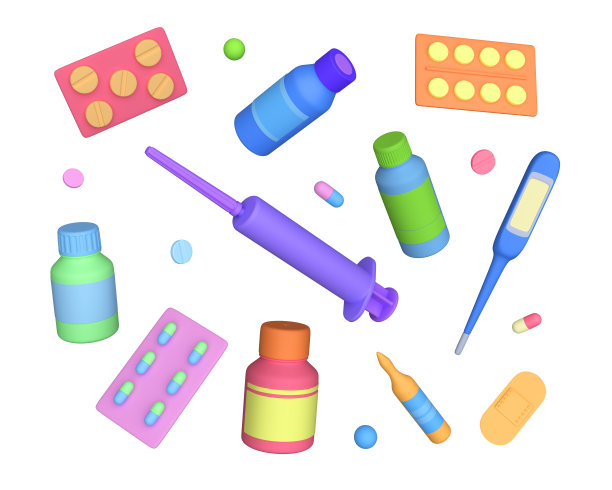 一套医药制剂。温度计，注射器，贴片，罐子里的药片和水泡。三维渲染图片下载