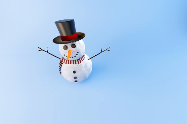 微笑的雪人在蓝色的背景上戴着帽子和围巾。3 d渲染。插图图片下载