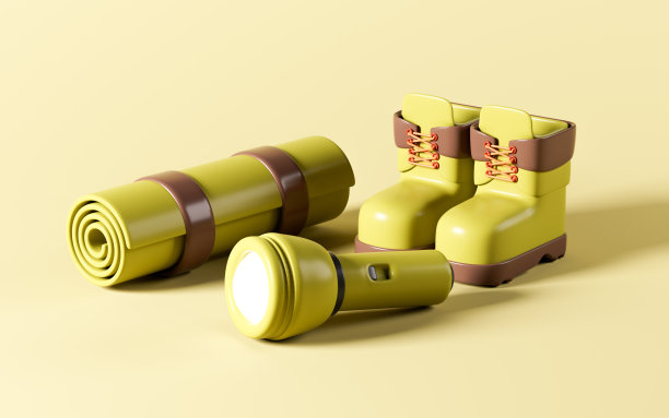 卡通手电筒，登山靴和露营地毯，3d渲染。图片下载